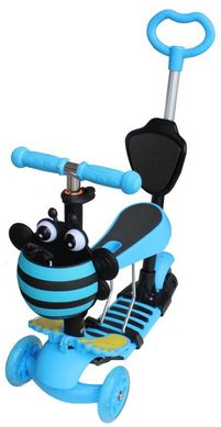 Трехколесный Самокат Беговел детский Scooter 5в1 - С родительской ручкой и сидушкой - Blue / Пчелка (dcb1112)