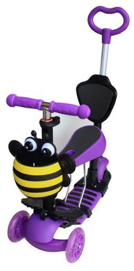 Трехколесный Самокат Беговел детский Scooter 5в1 - С родительской ручкой и сидушкой - Purple/ Пчелка (dcb1113)