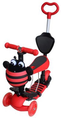 Трехколесный Самокат Беговел детский Scooter 5в1 - С родительской ручкой и сидушкой - Red/ Пчелка (dcb1114)